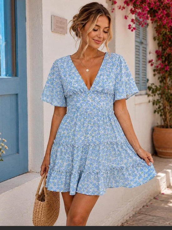 Altar'd State Dresses & Skirts - Altar'd State Light Blue Floral V-Neck Tiered Mini Dress